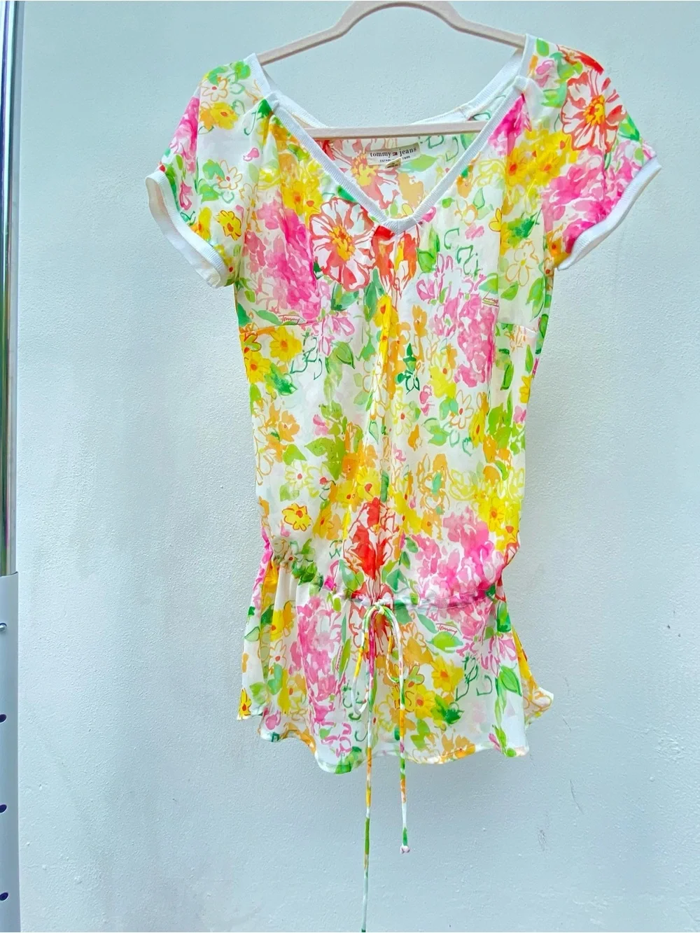 Y2K Tommy Jeans Whimsy Multicolor Floral Drawstring Blouse Size Medium